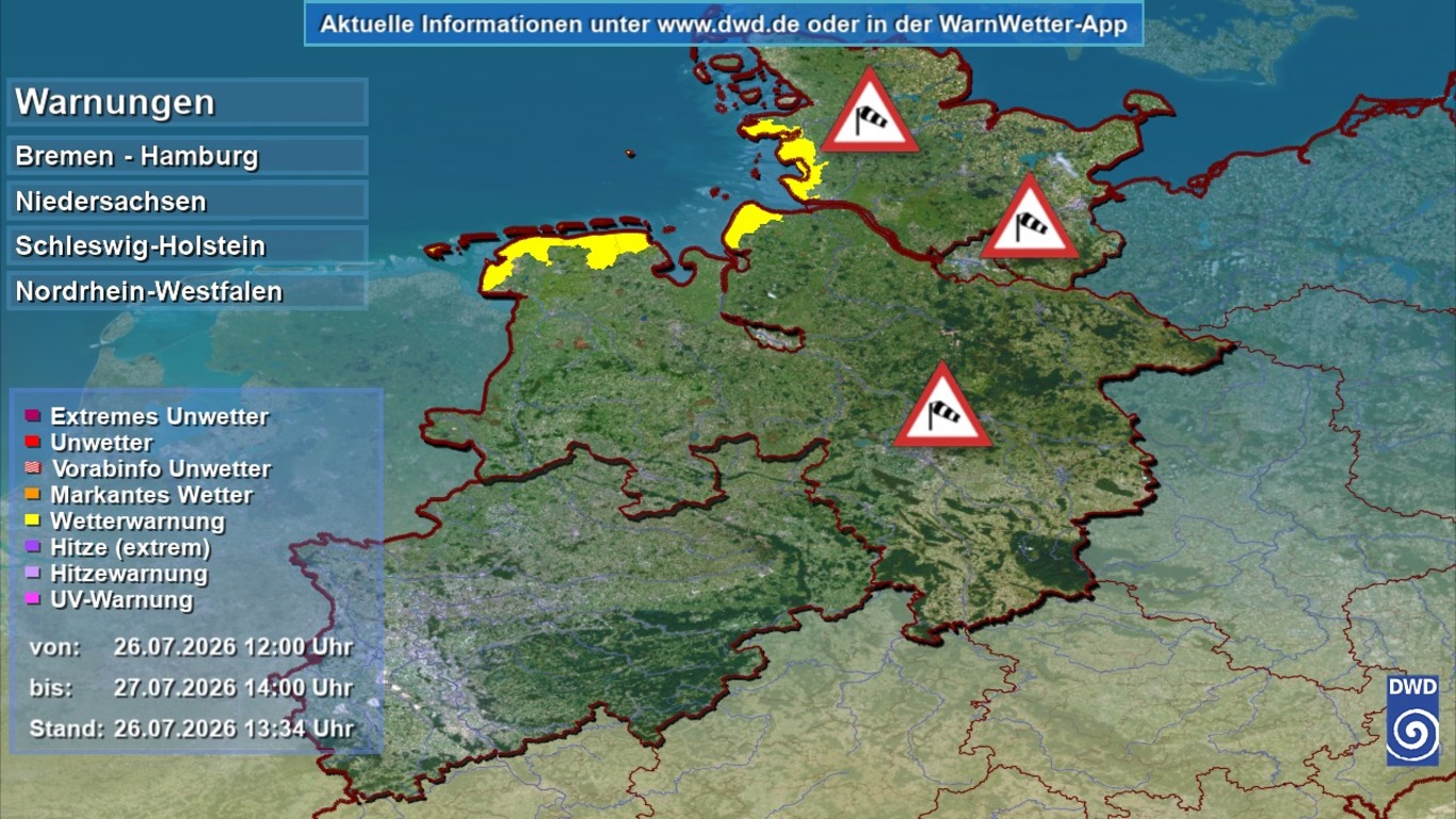 Aktuelle Unwetterwarnungen des DWD f&uuml;r Norddeutschland